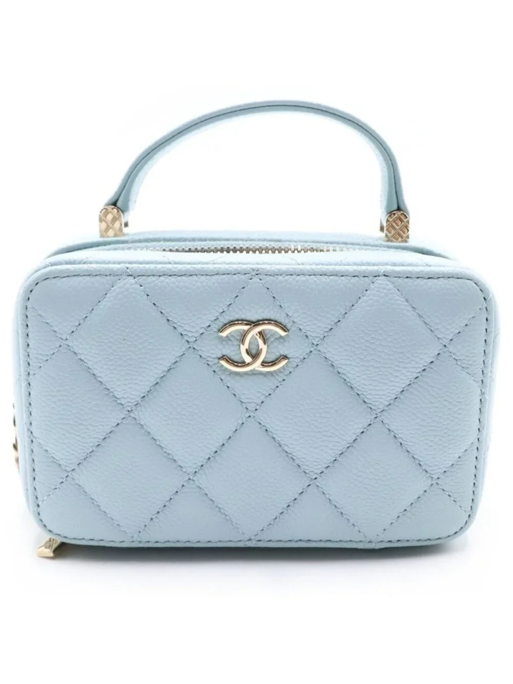 Chanel Quilted Vanity Chain Shoulder Bag Gold Caviar Leather Light Blue